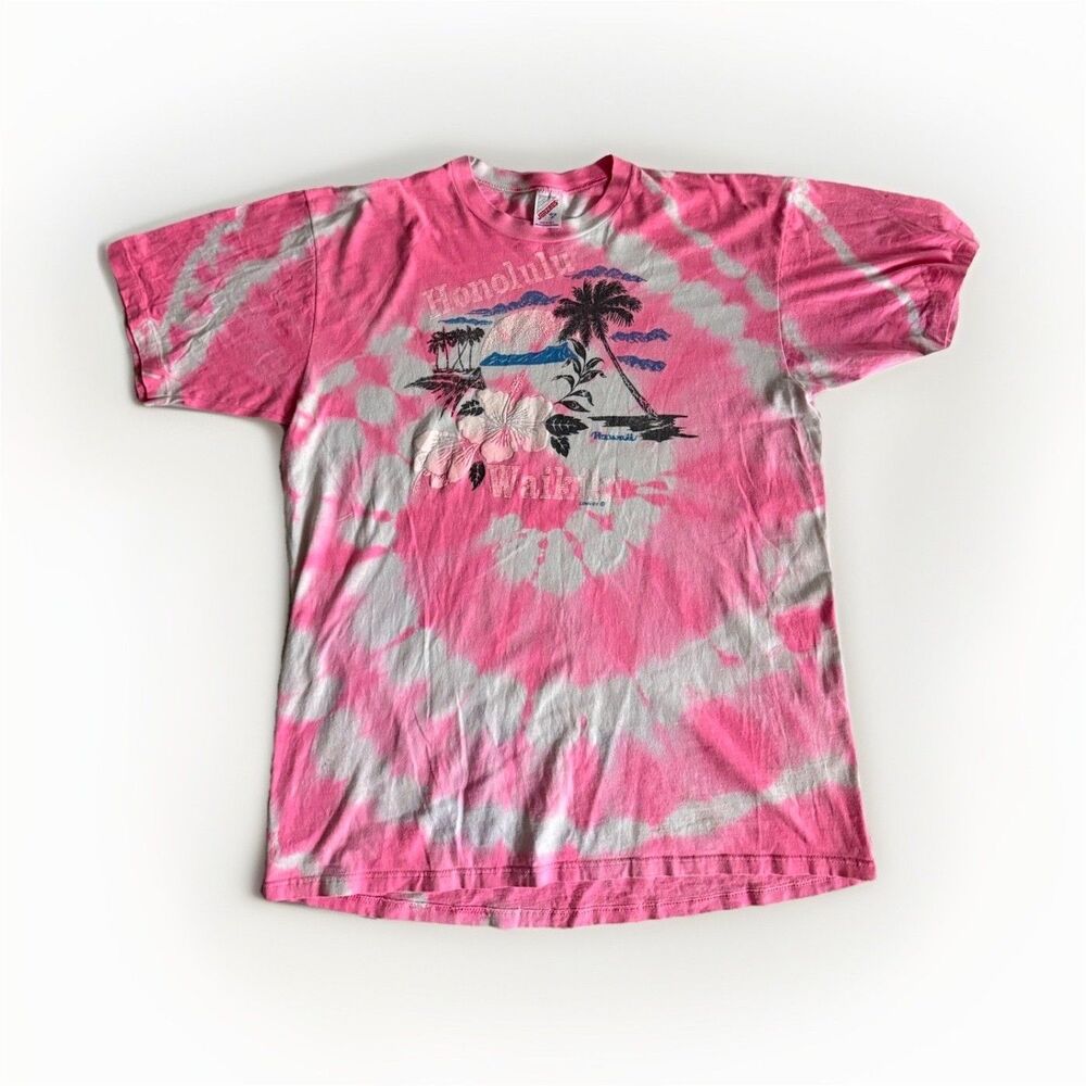 VINTAGE Y2K JERZEES‎ Pink/White Tie-Dye Hawaii Cotton Tee - XL
